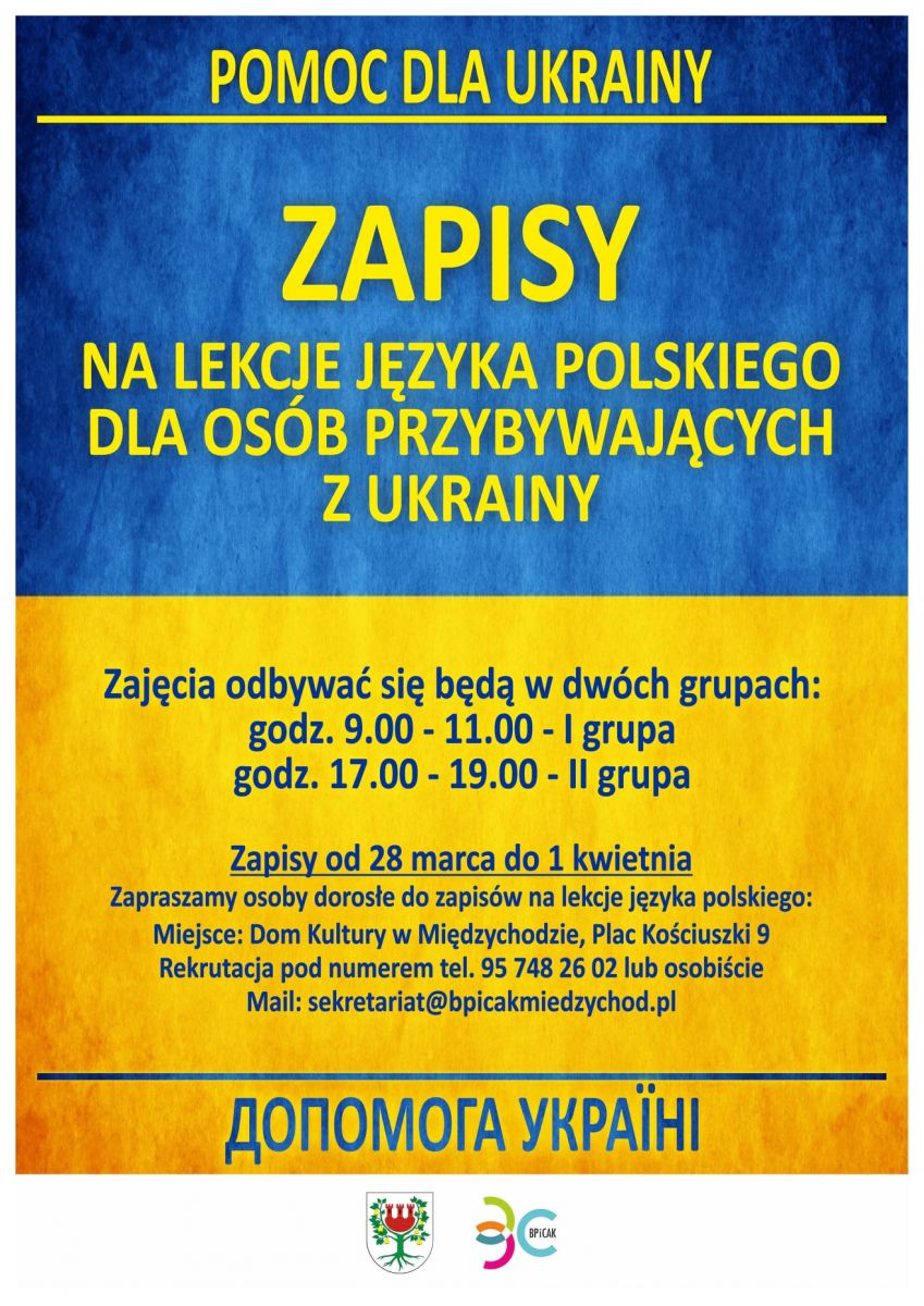 informacja o zapisach na kurs języka polskiego dla obywateli Ukrainy na plakacie w barwach flagi ukraińskiej