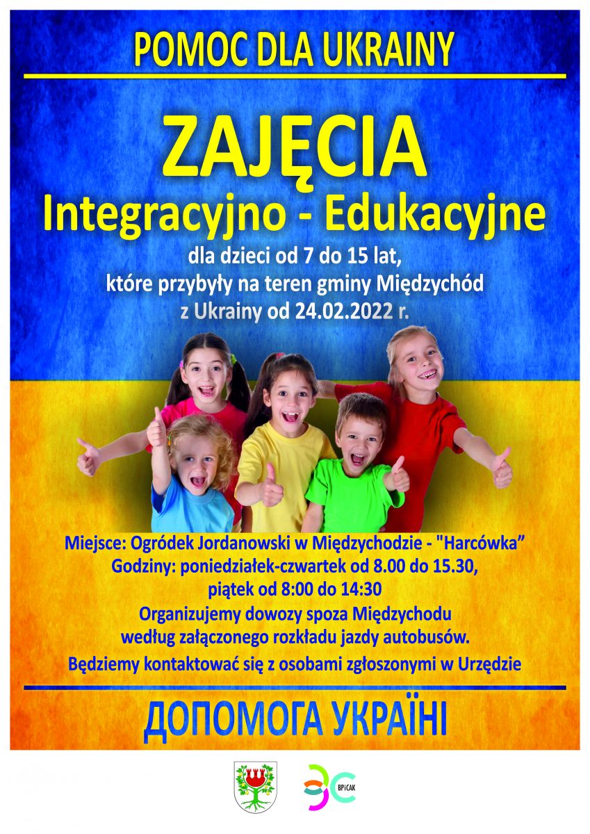 Plakat w kolorze flagi ukraińskiej z grafiką dzieci i informacjami o zajęciach integracyjno-edukacyjnych dla ukraińskich dzieci