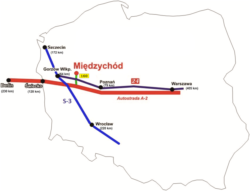 Mapka pokazująca lokalizację gminy Międzychód do głównych dróg 