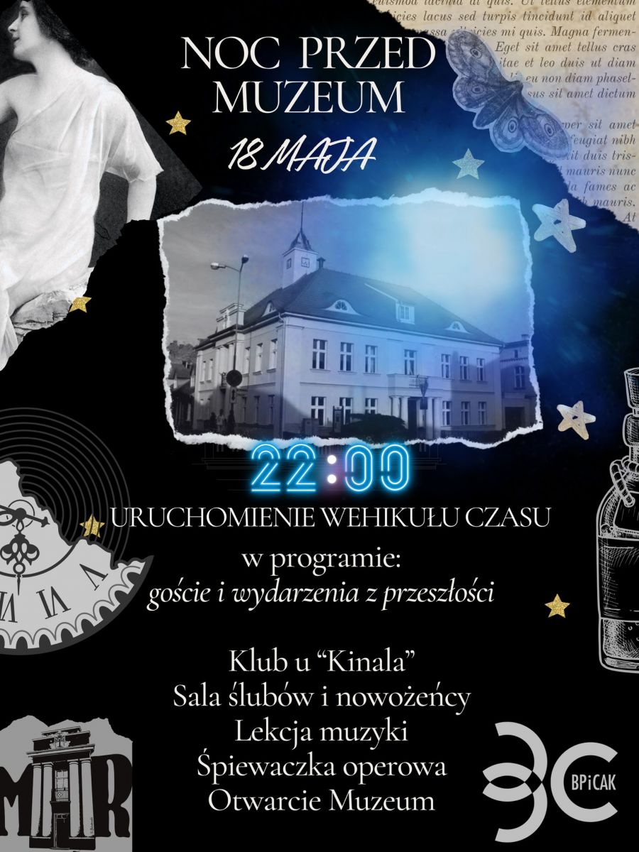 plakat Nocy przed Muzeum - na grafice czarno białe fotografie postaci z przeszłości i budynku Muzeum w Międzychodzie