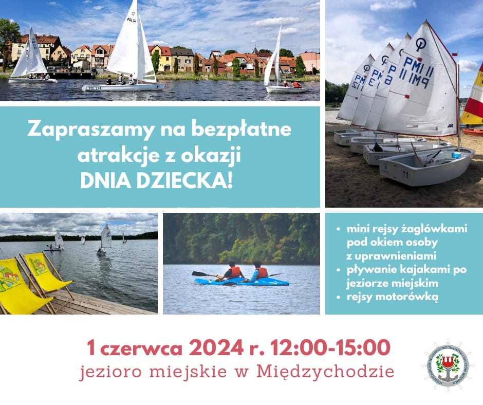 plakat informacyjny o wydarzeniu, w tle żaglówki, jezioro miejskie, kajaki, leżaki