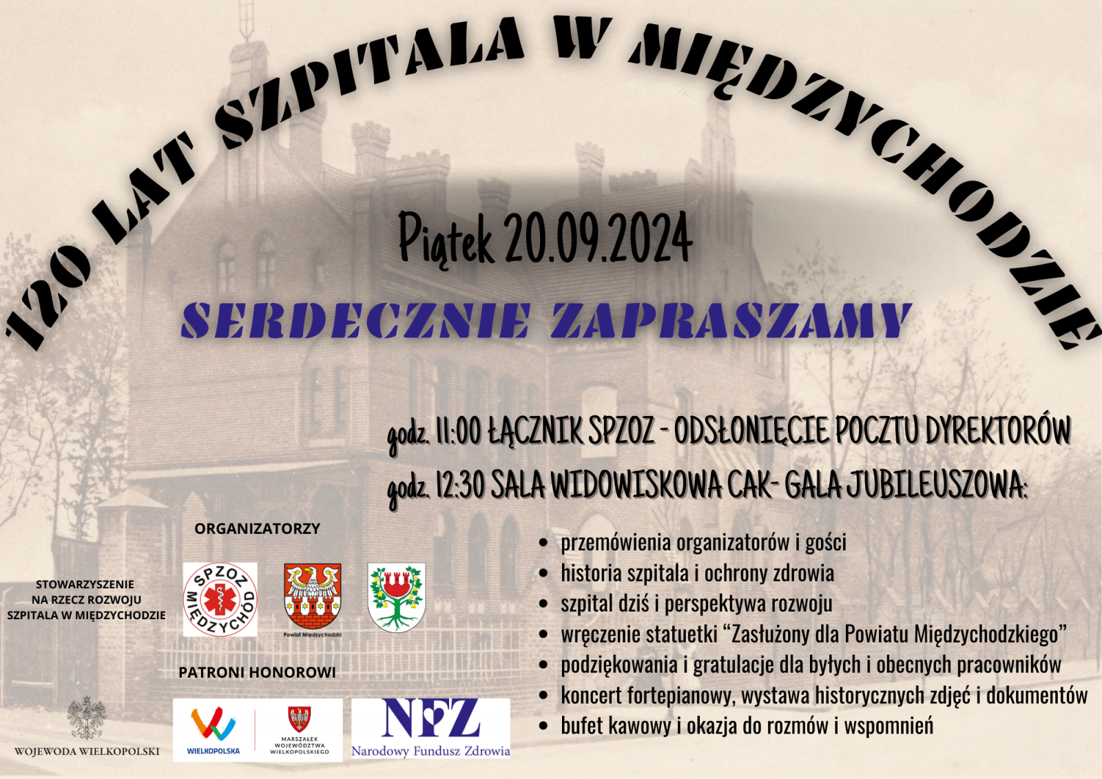 plakat informacyjny, w tle dawny szpital w międzychodzie