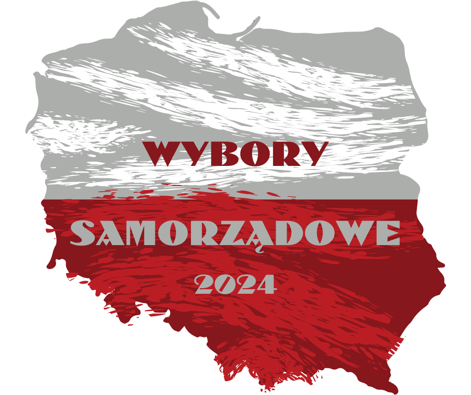 kontur Polski w kolorach flaki Polski, i napis WYBORY SAMORZĄDOWE 2024