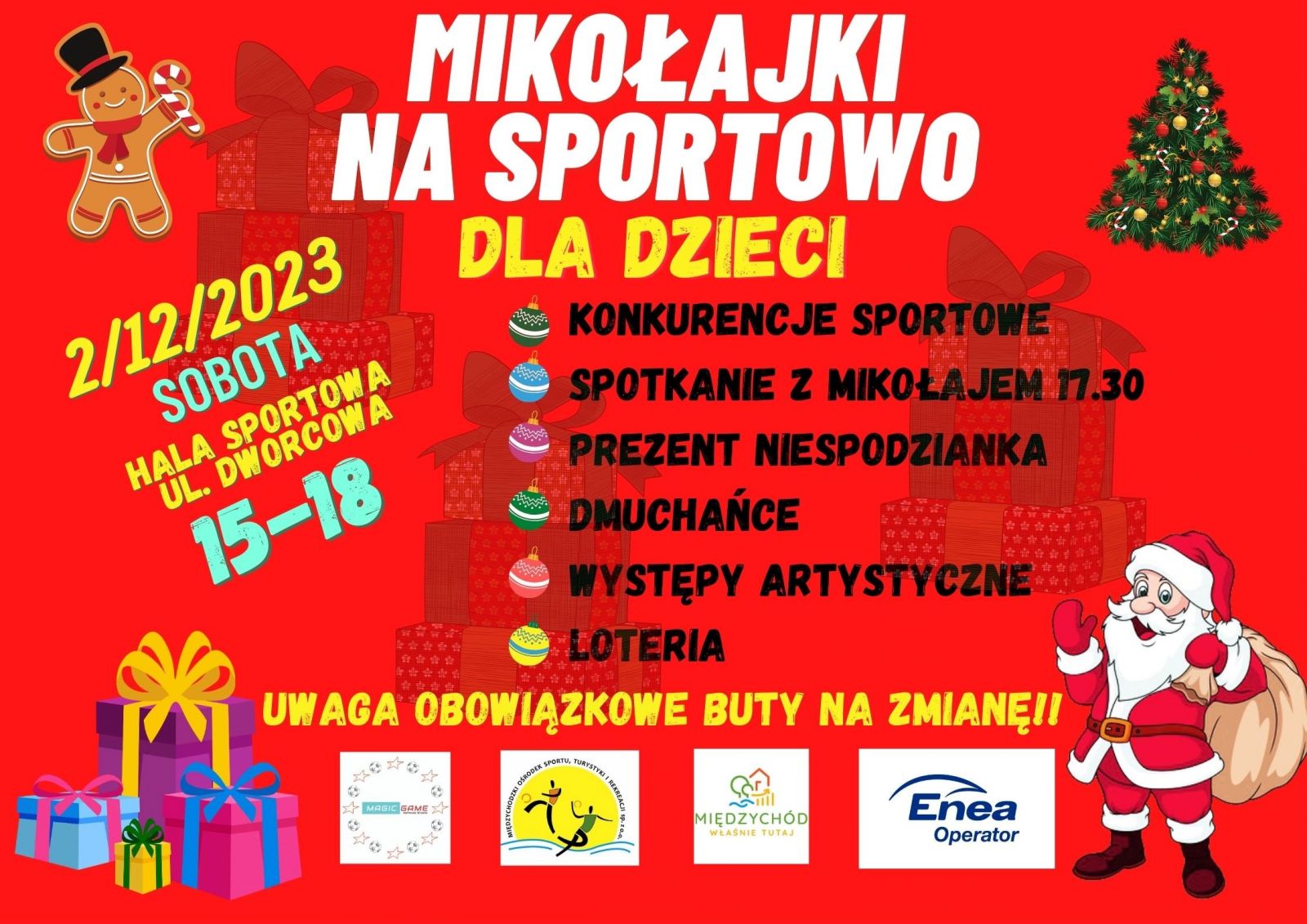 plakat wydarzenia Mikołajki na sportowo - na grafice prezenty, piernik, choinka i św. Mikołaj