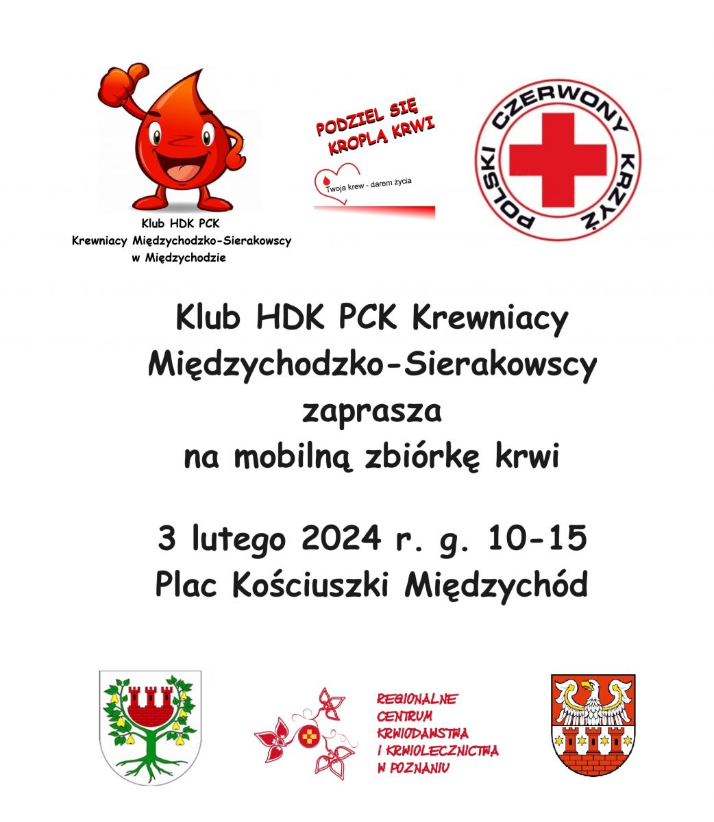 plakat z informacjami o zbiórce krwi z lokiem krewniaków i herbem gminy